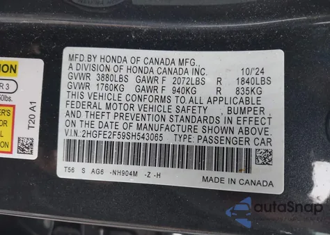 2025 Honda Civic Sport from USA, damaged, VIN 2HGFE2F59SH543065